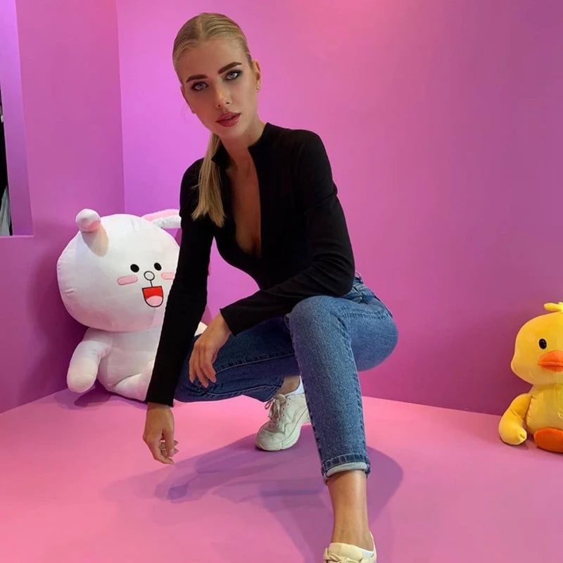 Zmysłowe Damskie Body z Długim Rękawem i Głębokim Dekoltem