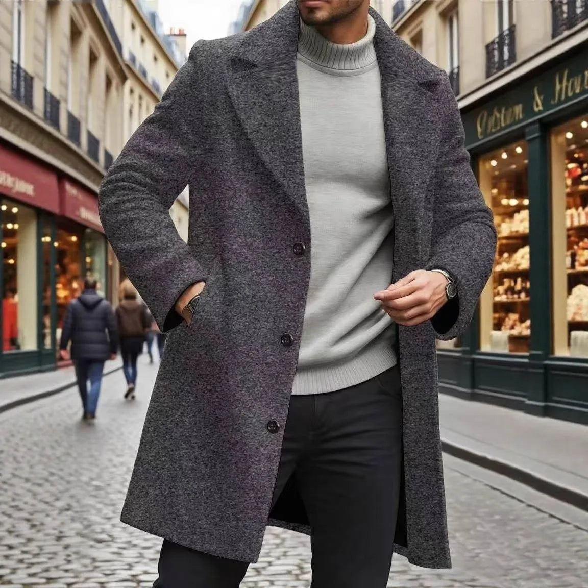 Męski Długi Płaszcz Jednorzędowy z Klapami i Kieszeniami
