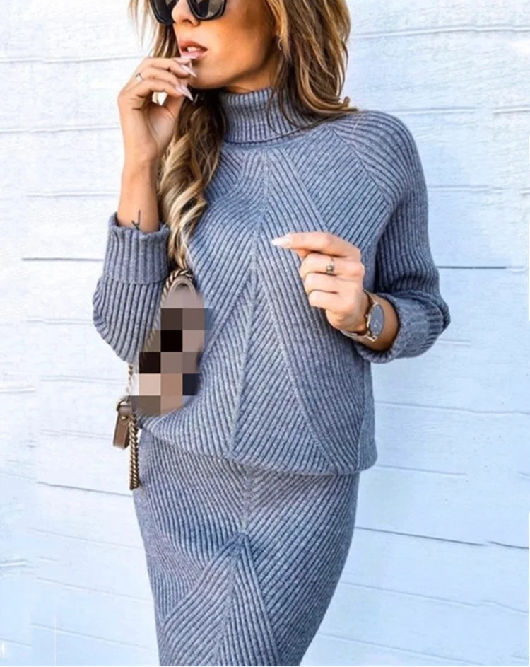 Stylowy Komplet Dzianinowy ze Spódnicą i Golfem