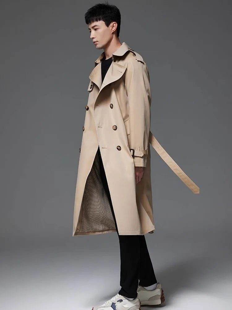 Męski trencz klasyczny, wodoodporny i wiatroszczelny, elegancki płaszcz z paskiem