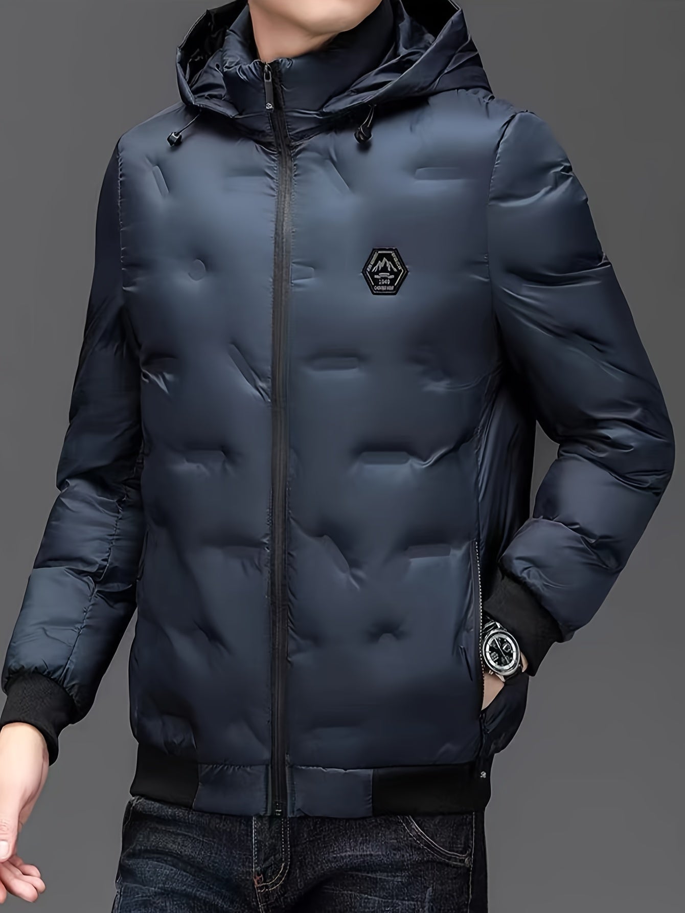 Męska pikowana puchowa kurtka zimowa z kapturem