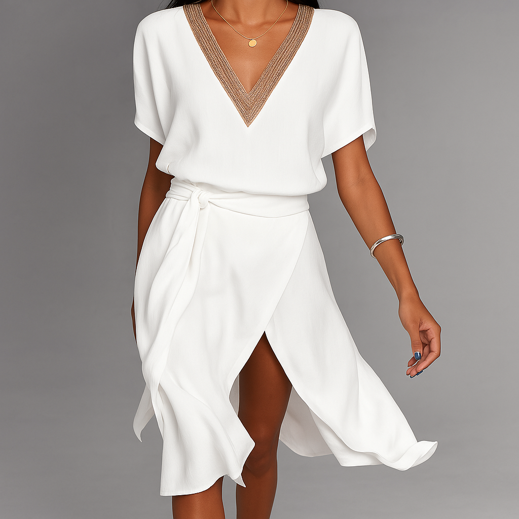 Zwiewna sukienka z kopertowym dołem i zdobionym dekoltem