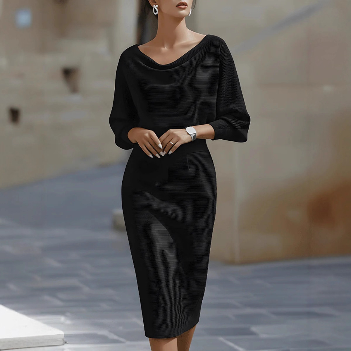 Elegancka Sukienka Midi z Dekoltem Wodnym i Rękawami Kimono