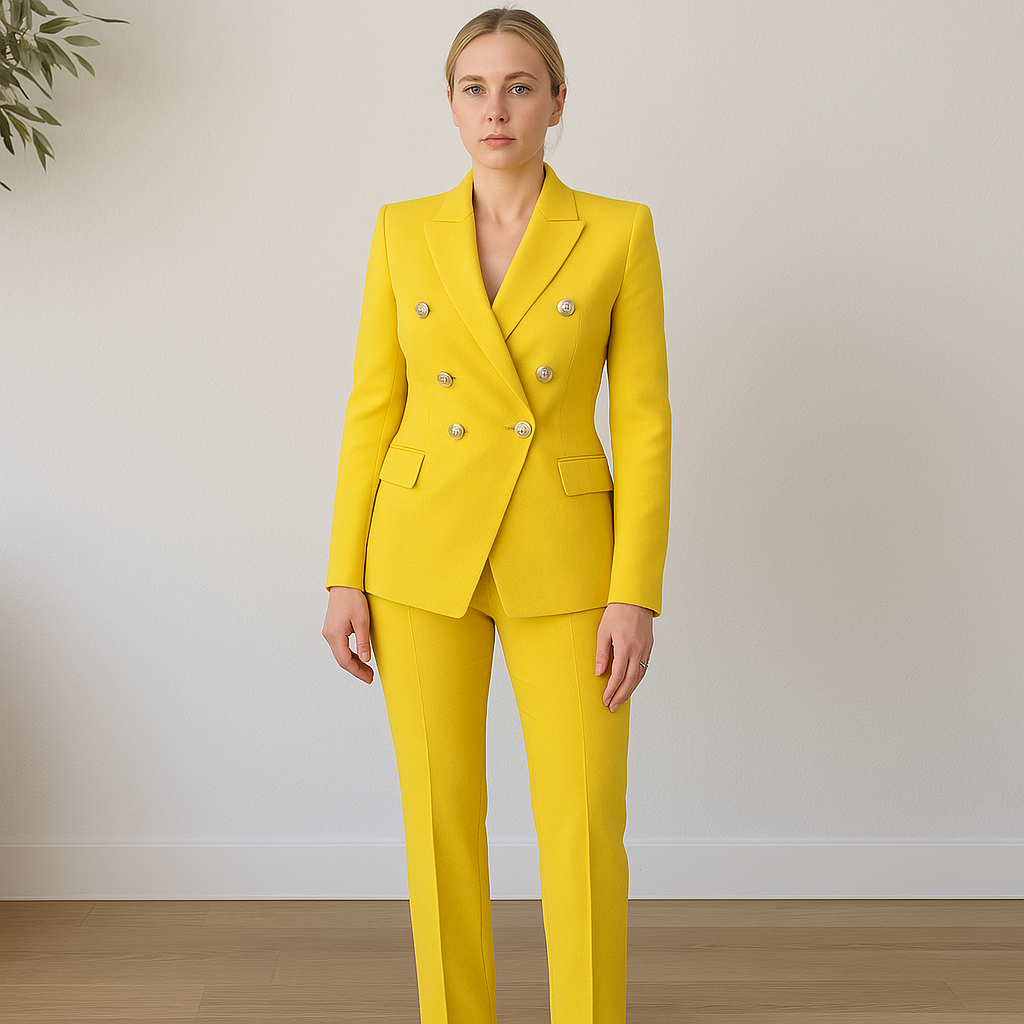 Dwuczęściowy damski garnitur z prostymi spodniami i dwurzędową marynarką