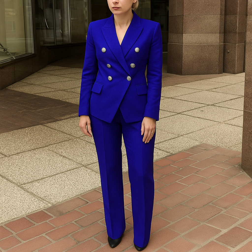 Dwuczęściowy damski garnitur z prostymi spodniami i dwurzędową marynarką