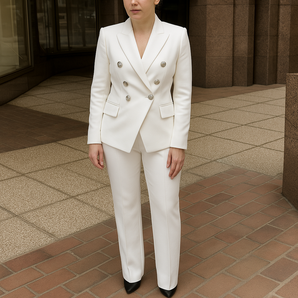 Dwuczęściowy damski garnitur z prostymi spodniami i dwurzędową marynarką