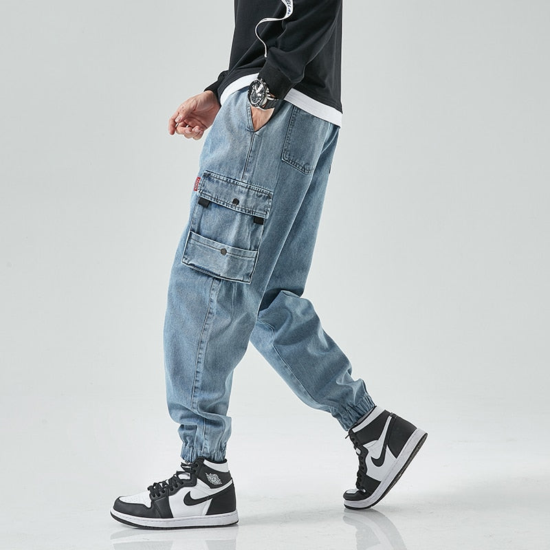 Męskie jeansy cargo joggery z kieszeniami i elastycznym pasem