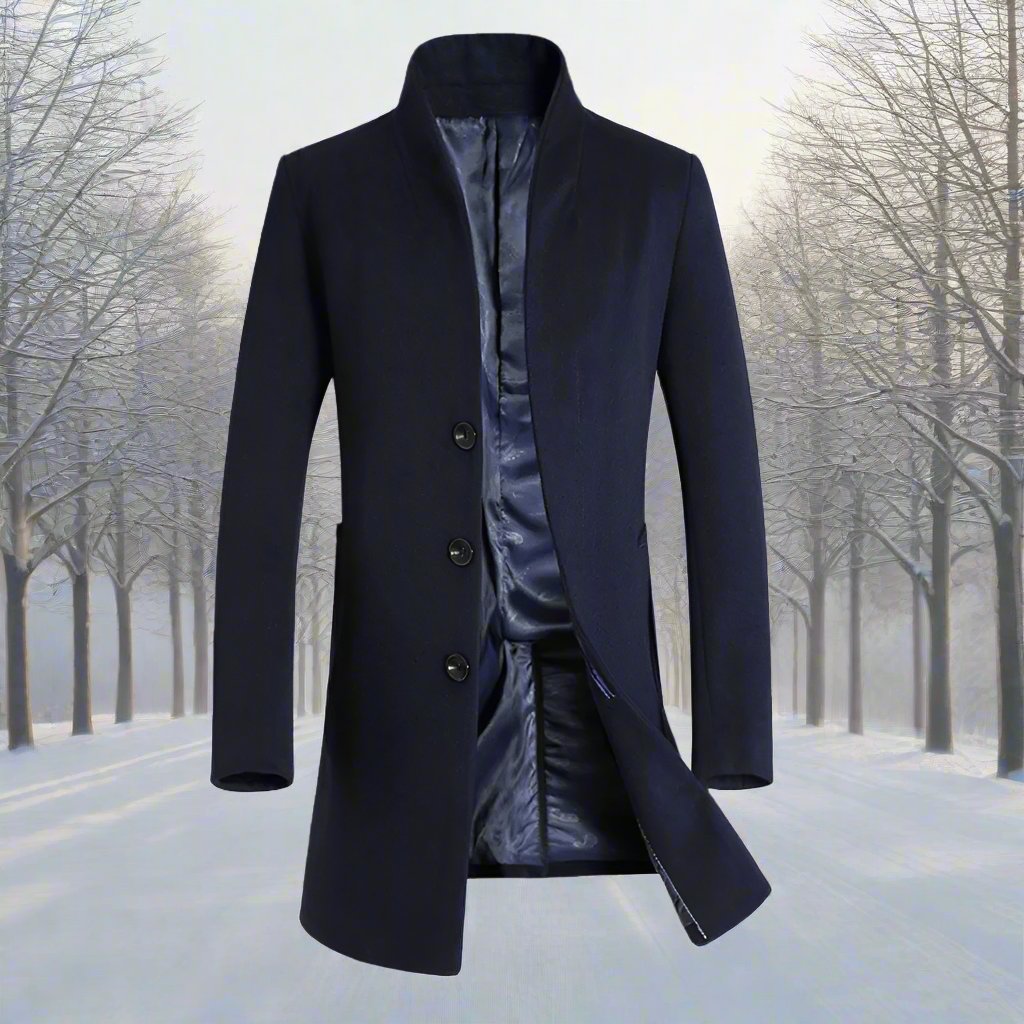 Męski płaszcz z wysokim kołnierzem i pikowaną podszewką