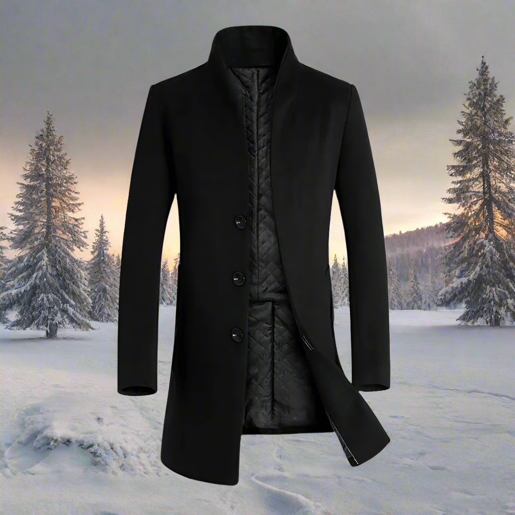 Męski płaszcz z wysokim kołnierzem i pikowaną podszewką