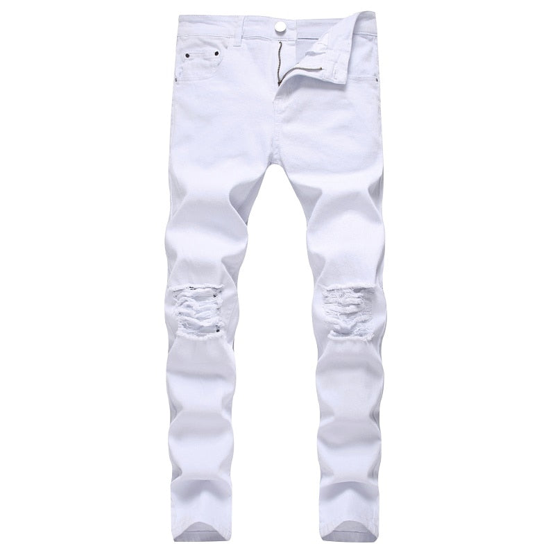 Białe jeansy męskie z przetarciami slim fit