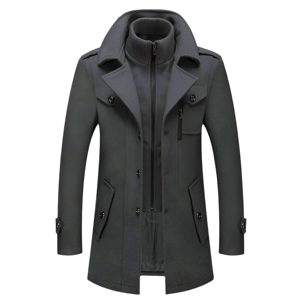 Męski wełniany płaszcz zimowy z wysokim kołnierzem i dodatkowym ociepleniem