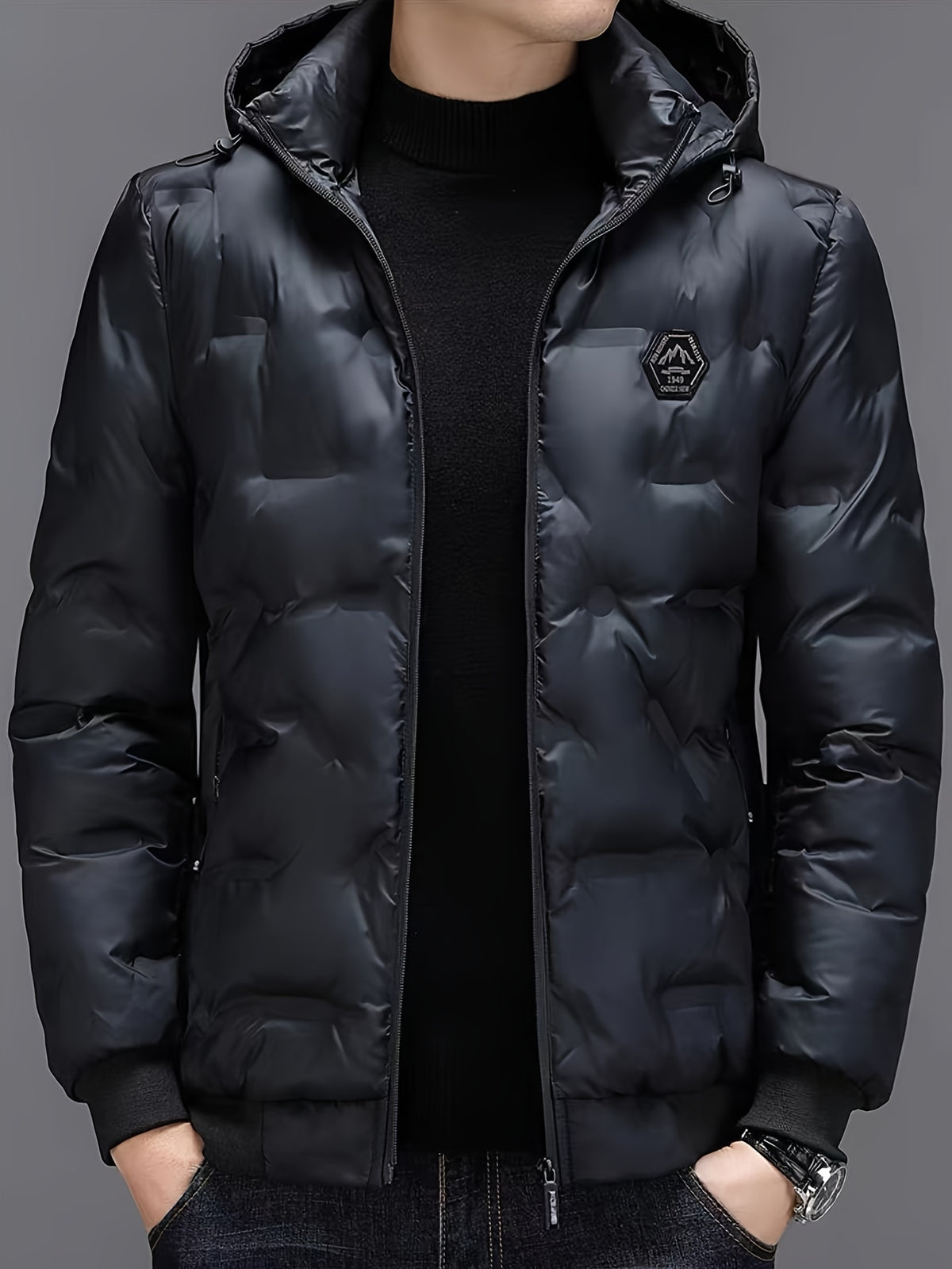 Męska pikowana puchowa kurtka zimowa z kapturem