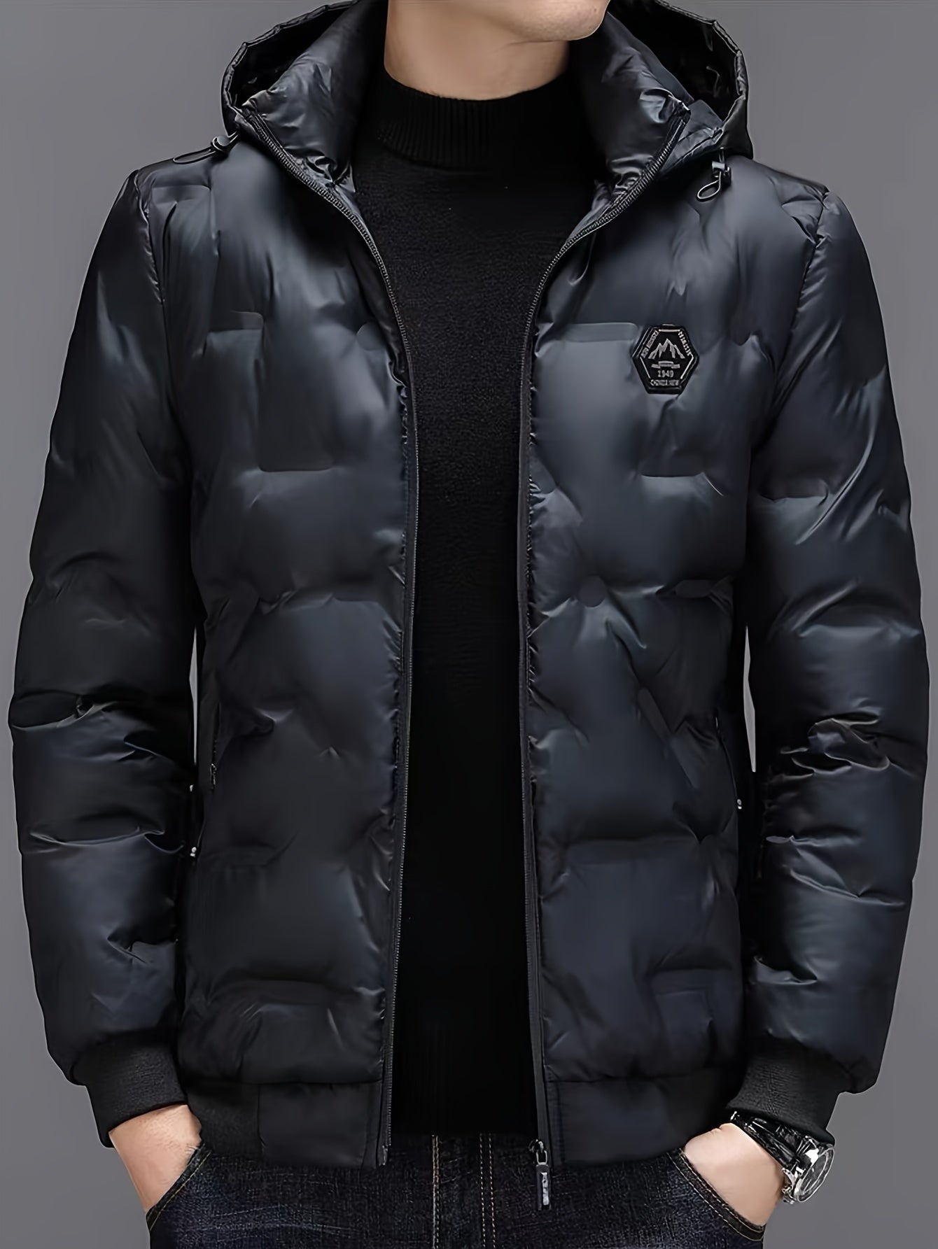 Męska pikowana puchowa kurtka zimowa z kapturem