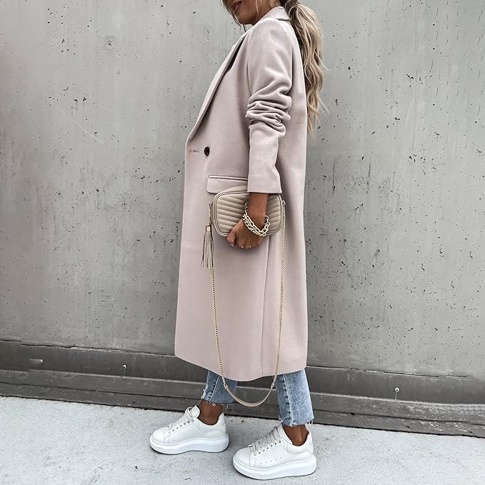 Damski płaszcz dwurzędowy z klapami – elegancki płaszcz o prostym kroju na jesień i zimę