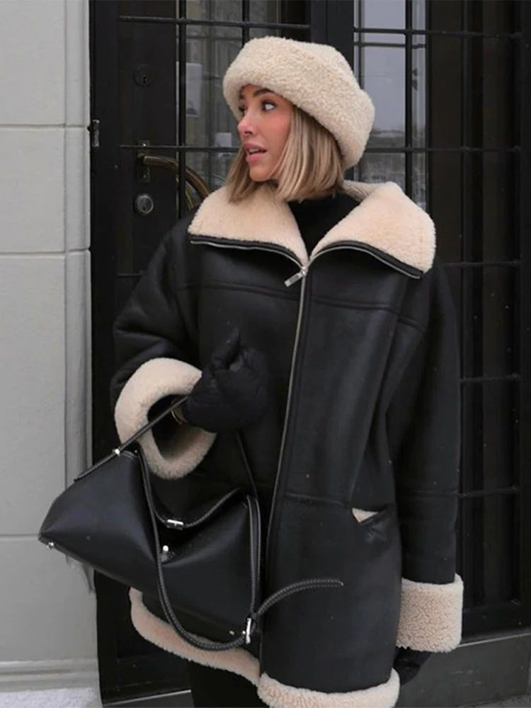 Damska kurtka zimowa typu shearling z kożuchem i zamkiem