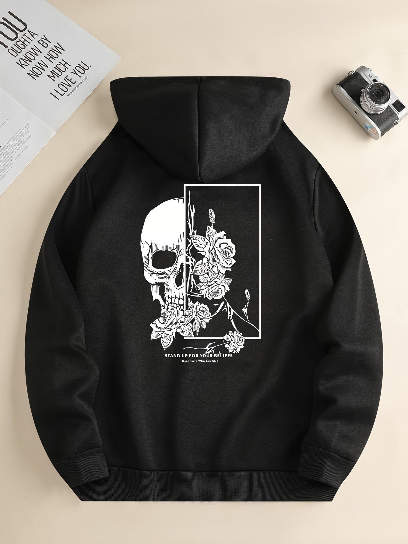 Bluza z Kapturem z Graficznym Nadrukiem Czaszki i Róż