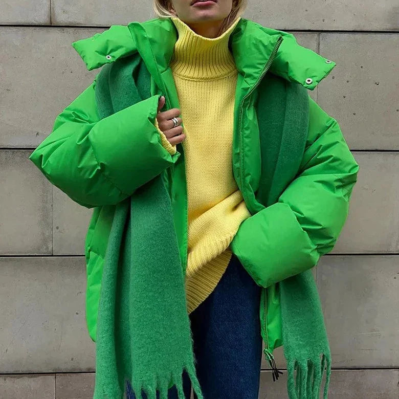 Damska kurtka puchowa oversize – ciepła kurtka zimowa z wysokim kołnierzem i kapturem
