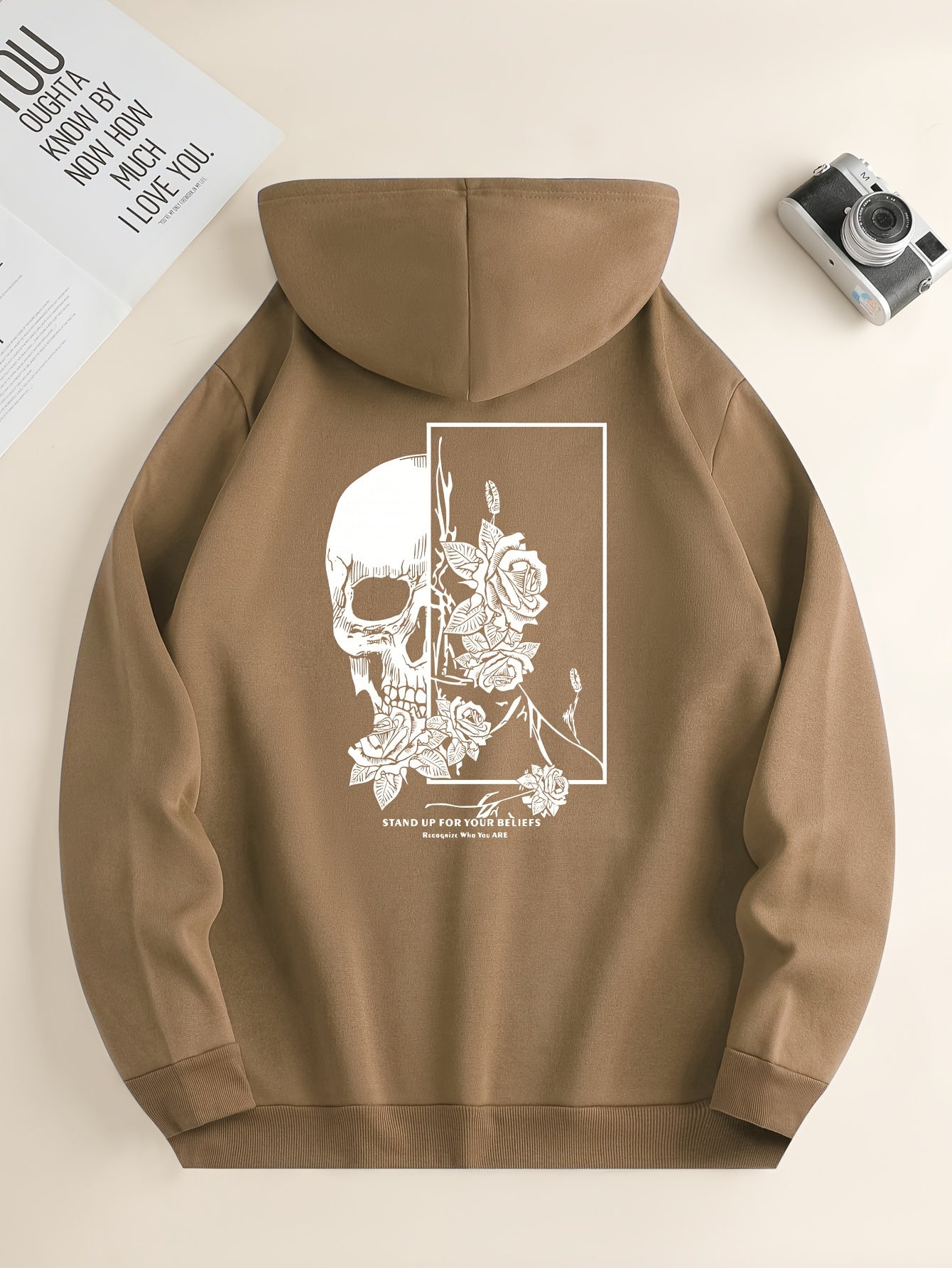 Bluza z Kapturem z Graficznym Nadrukiem Czaszki i Róż