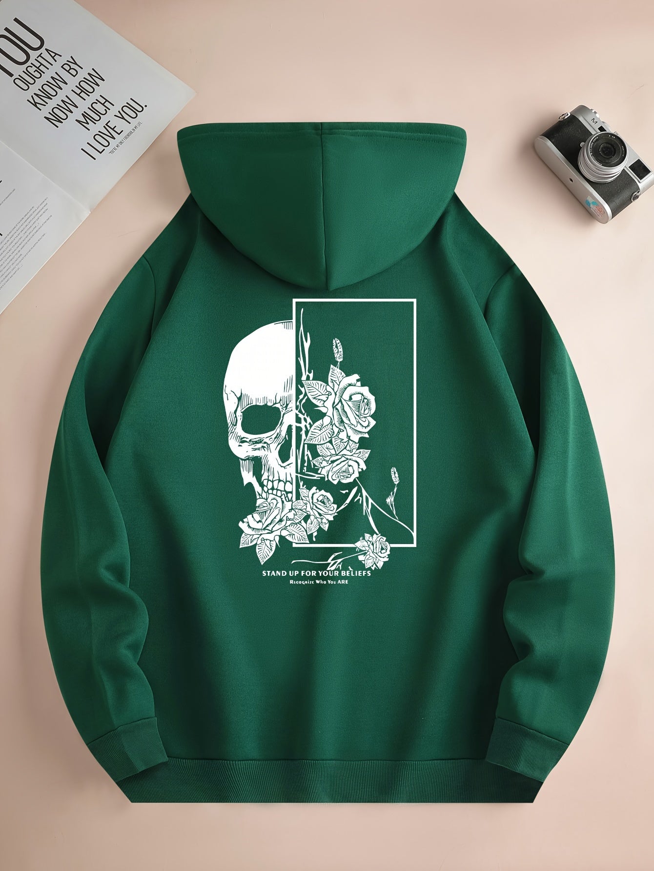 Bluza z Kapturem z Graficznym Nadrukiem Czaszki i Róż