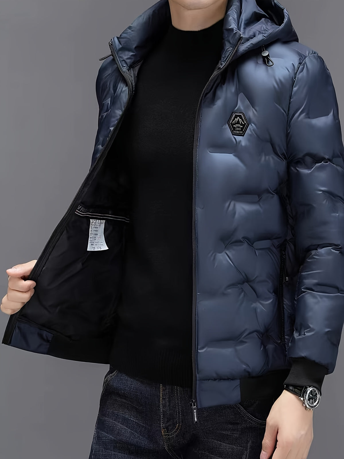 Męska pikowana puchowa kurtka zimowa z kapturem