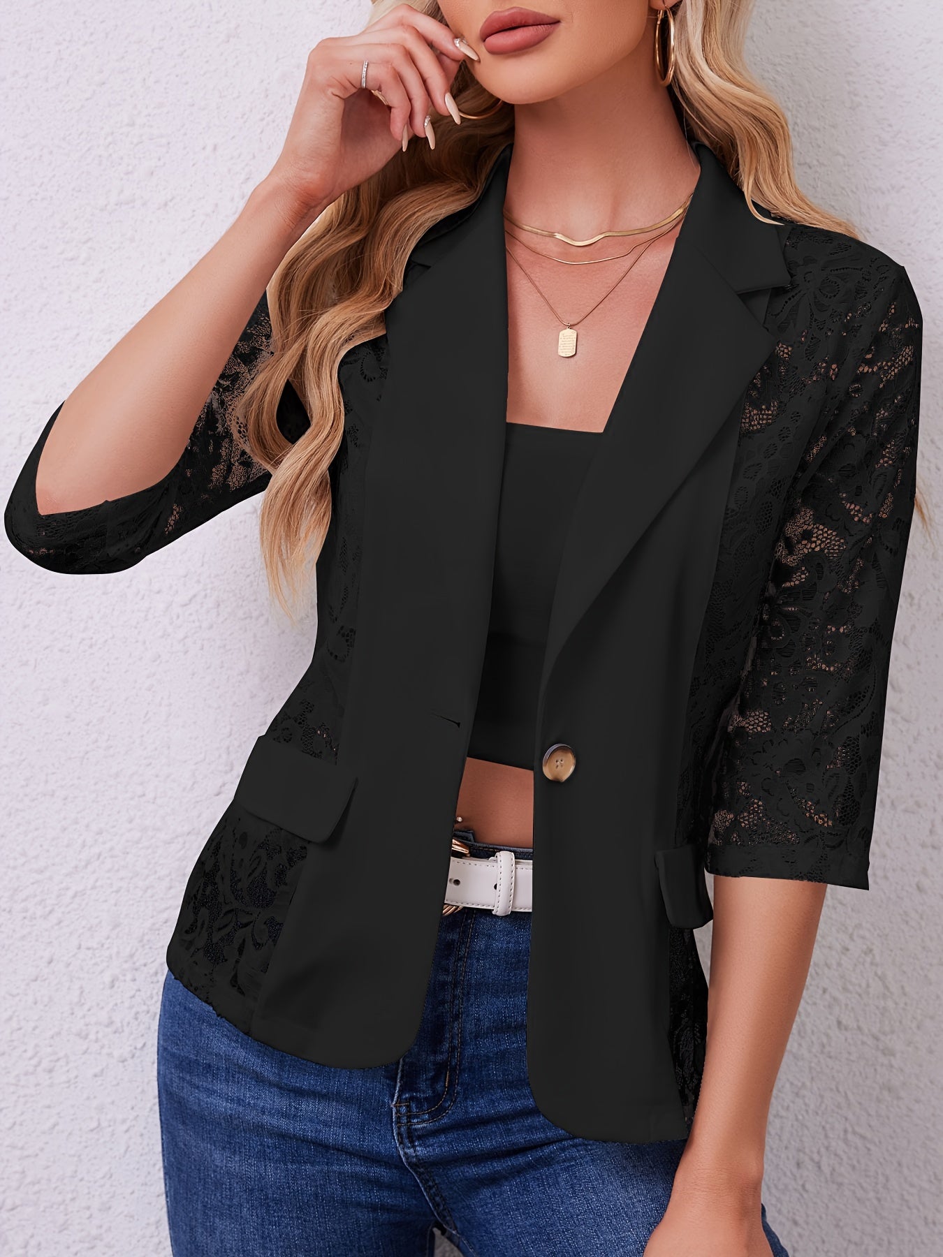 Damski koronkowy żakiet z rękawami 3/4