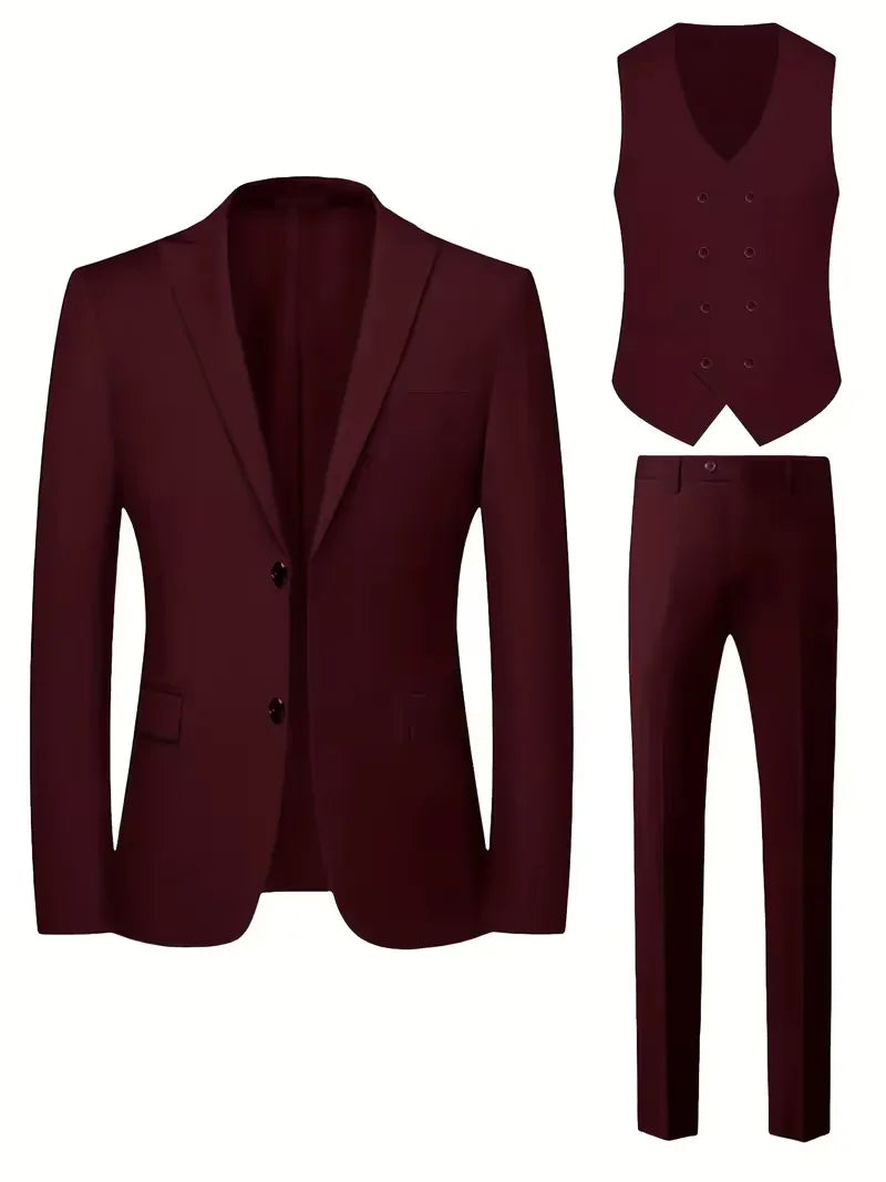 Męski Garnitur 3-Częściowy Slim Fit – Elegancki Garnitur z Dwurzędową Kamizelką
