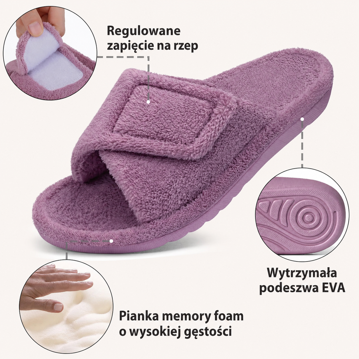 Ortopedyczne pantofle domowe z regulacją na rzep i miękką podeszwą