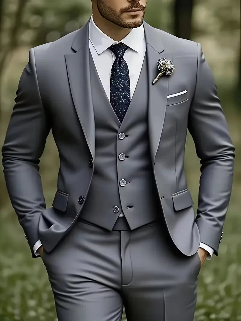 Męski Garnitur 3-Częściowy Slim Fit – Marynarka, Kamizelka i Spodnie