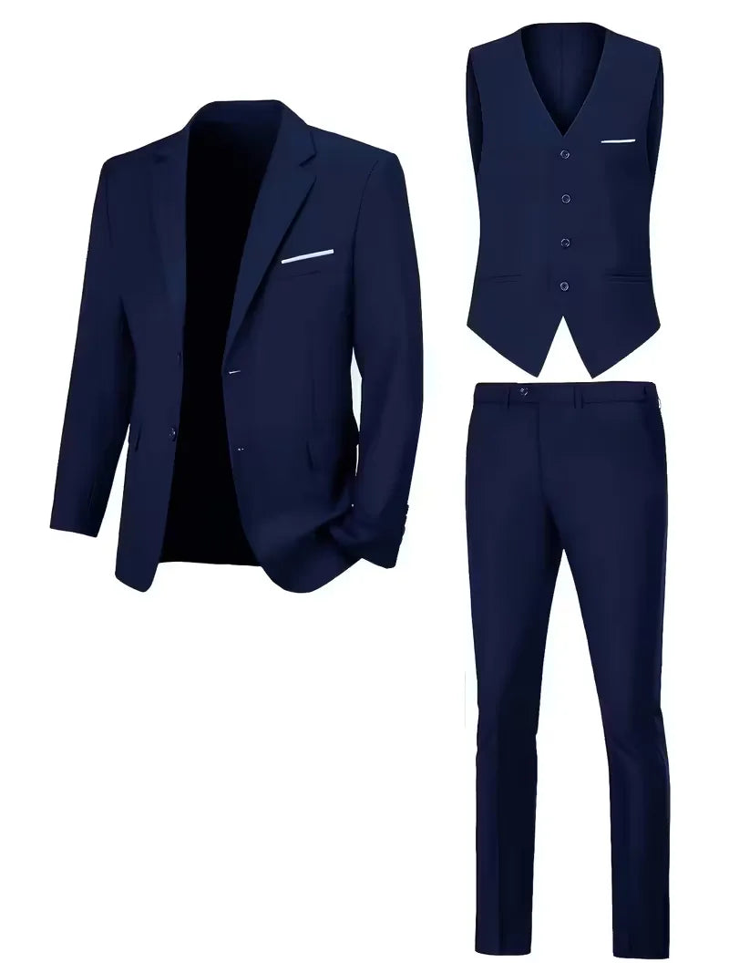 Męski Garnitur 3-Częściowy Slim Fit – Marynarka, Kamizelka i Spodnie