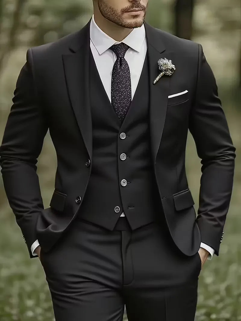Męski Garnitur 3-Częściowy Slim Fit – Marynarka, Kamizelka i Spodnie