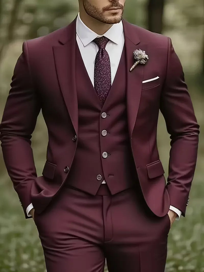 Męski Garnitur 3-Częściowy Slim Fit – Marynarka, Kamizelka i Spodnie