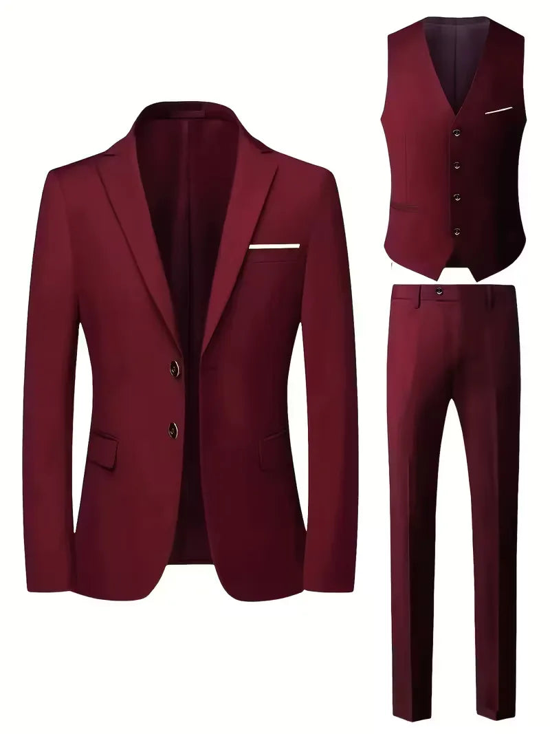 Męski Garnitur 3-Częściowy Slim Fit – Marynarka, Kamizelka i Spodnie