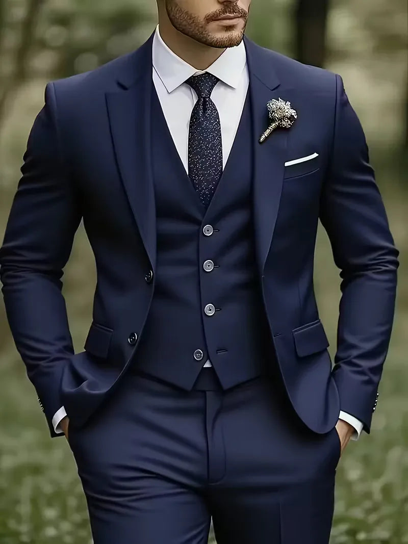 Męski Garnitur 3-Częściowy Slim Fit – Marynarka, Kamizelka i Spodnie