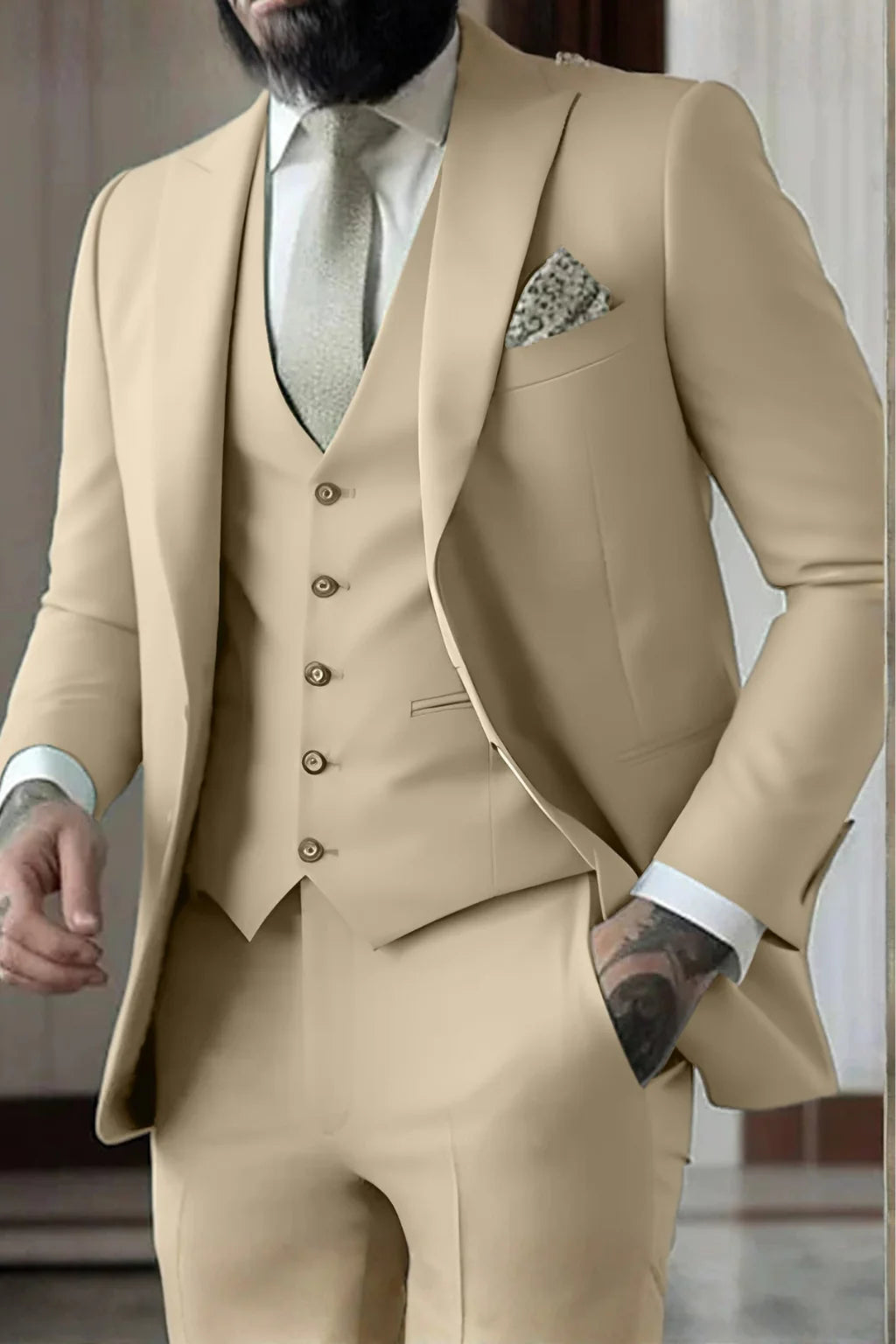 Męski Garnitur 3-Częściowy Slim Fit z Kamizelką i Marynarką