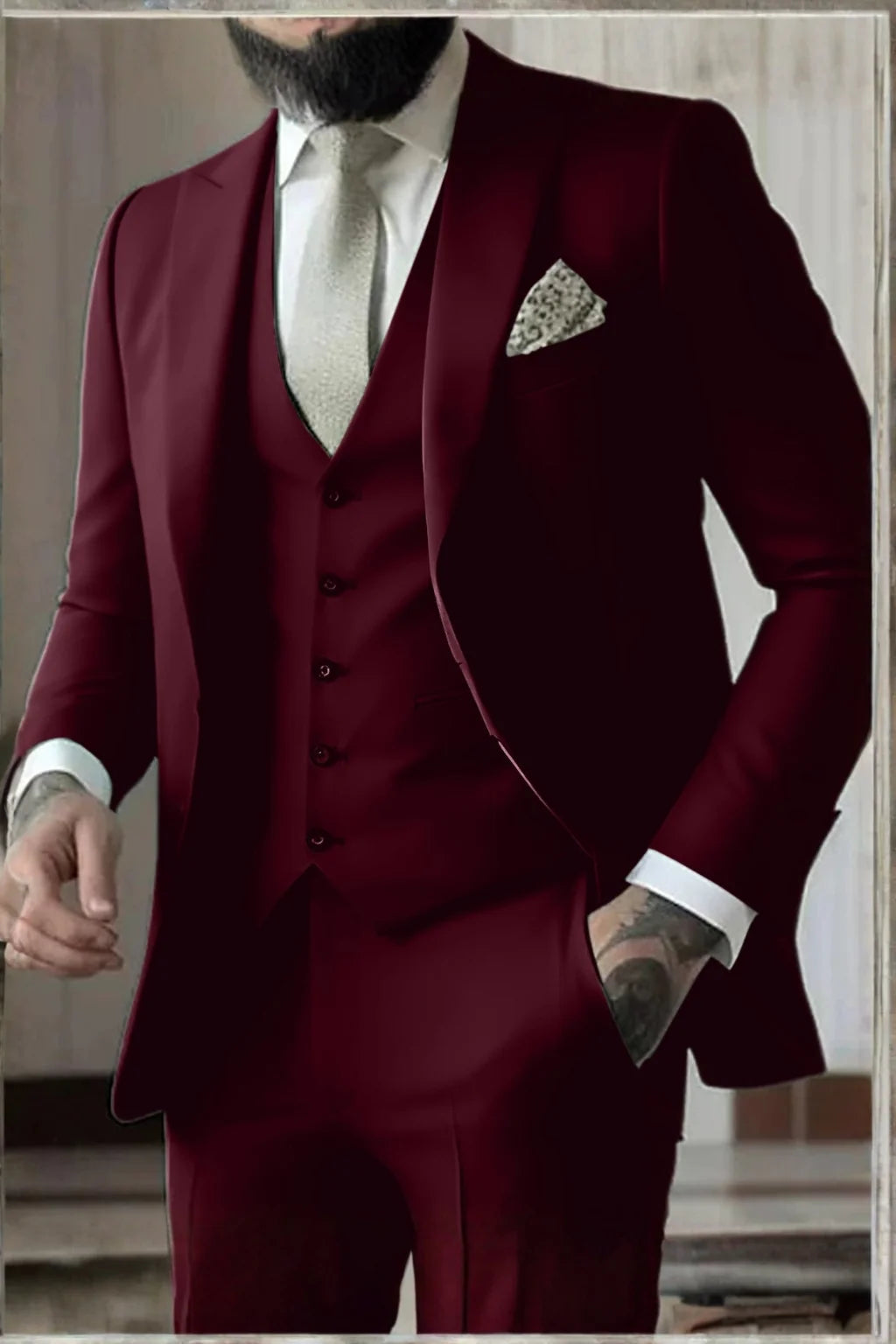 Męski Garnitur 3-Częściowy Slim Fit z Kamizelką i Marynarką