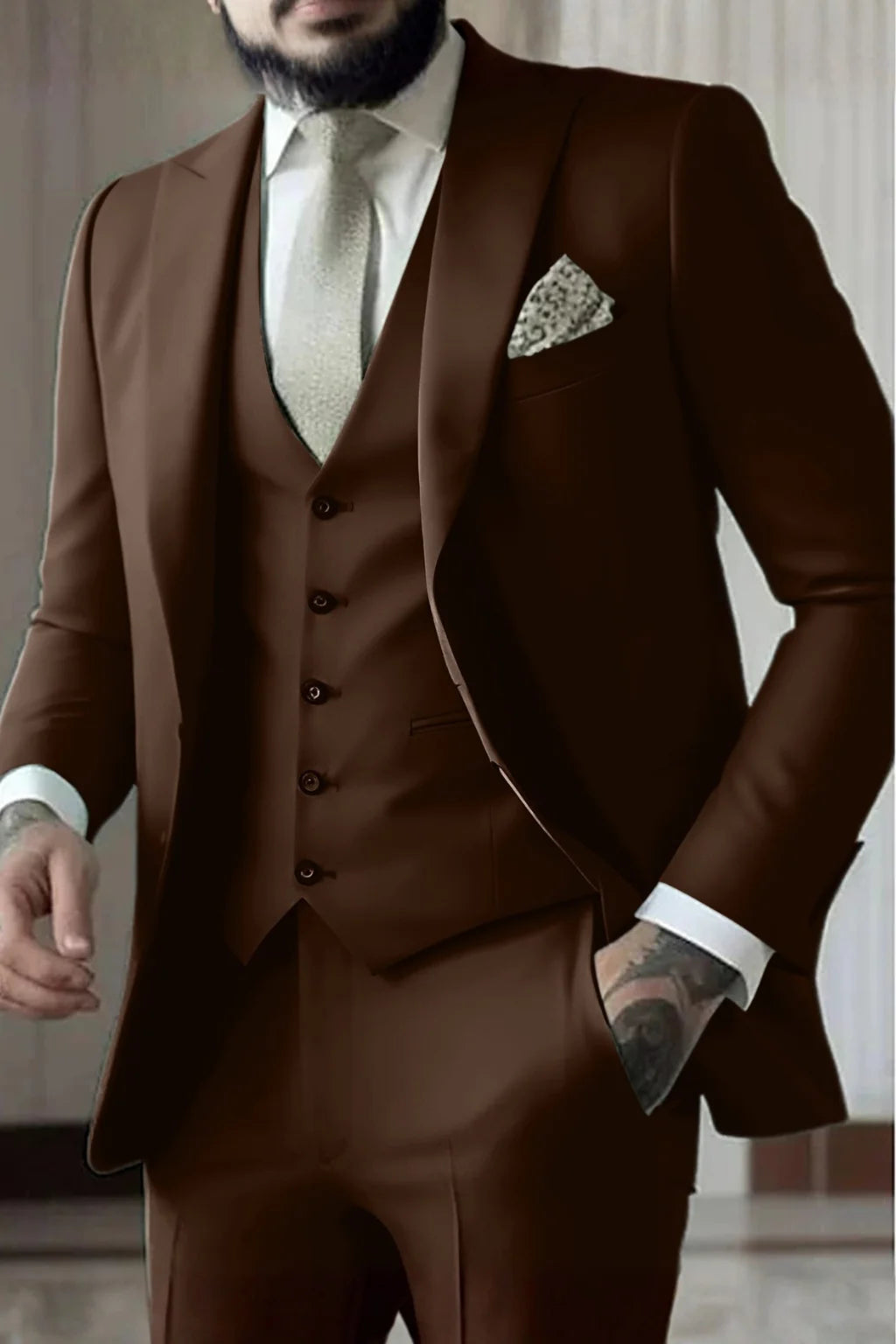 Męski Garnitur 3-Częściowy Slim Fit z Kamizelką i Marynarką