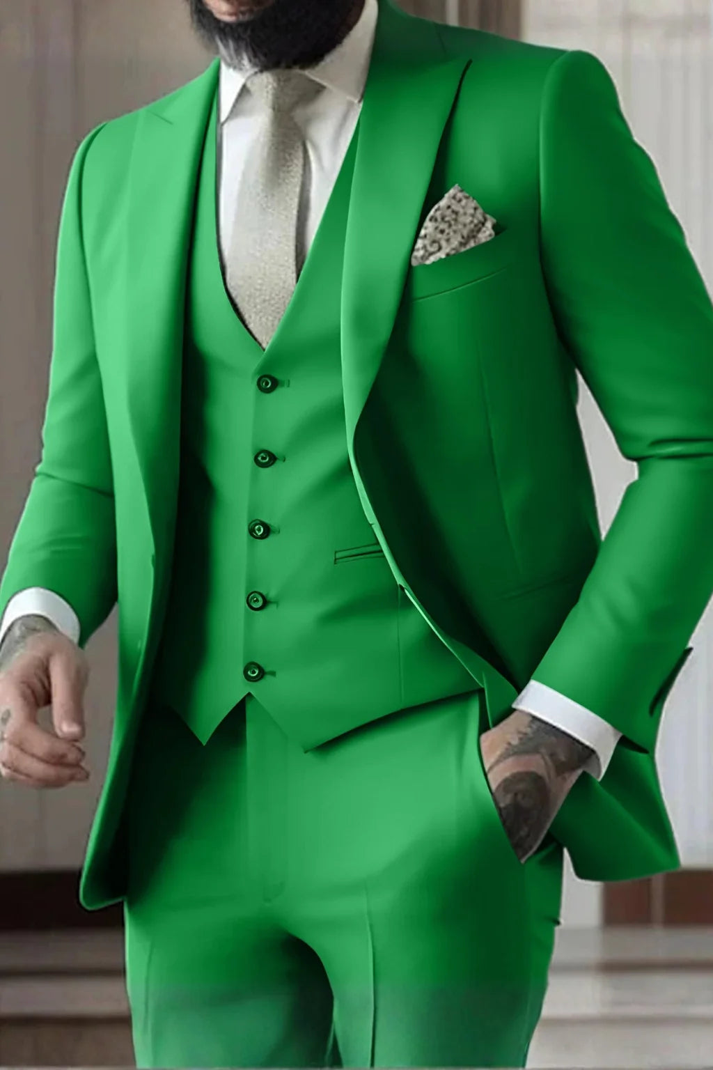 Męski Garnitur 3-Częściowy Slim Fit z Kamizelką i Marynarką