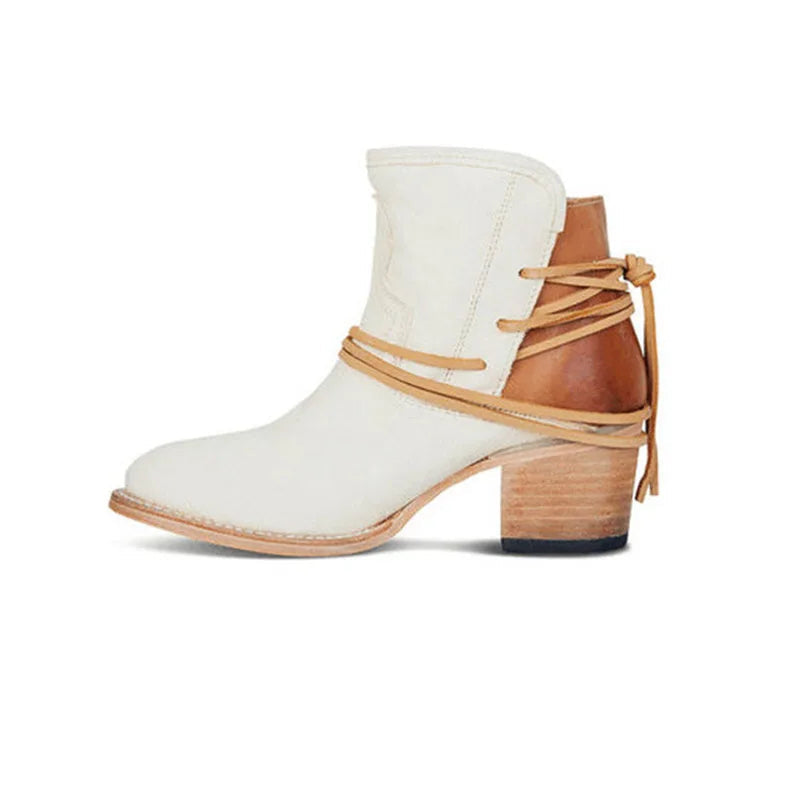 Damskie botki na obcasie w stylu kowbojskim – skórzane botki z ozdobnymi paskami, wygodne buty jesienne