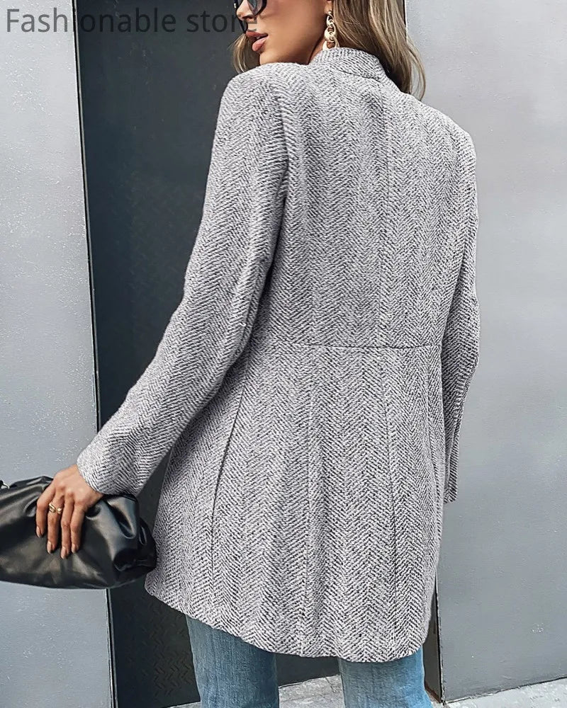 Damska Marynarka w Jodełkę – Elegancka Szara Kurtka w Stylu Casual
