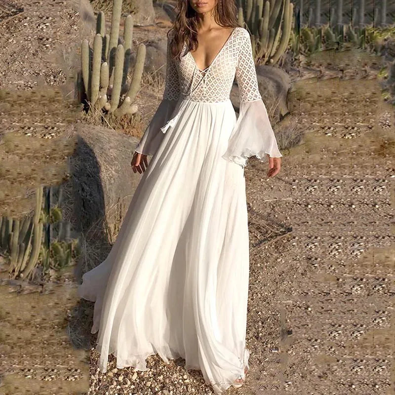Sukienka maxi boho damska – zwiewna sukienka z koronką, dekolt V, długie rękawy