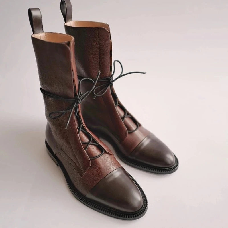Damskie skórzane botki z sznurowaniem w stylu vintage