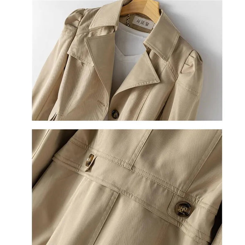 Klasyczny płaszcz damski trencz z kołnierzem i paskiem