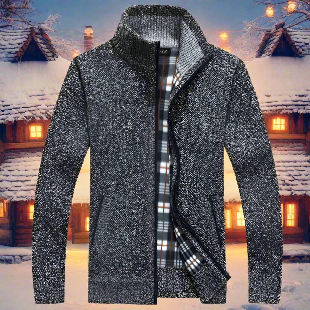 Ciepły Męski Sweter z Zamkiem i Podszewką w Kratę
