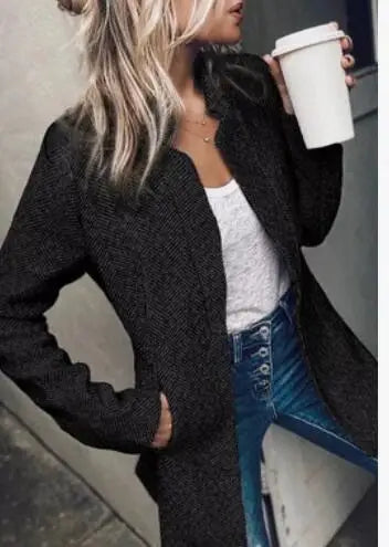 Damska Marynarka w Jodełkę – Elegancka Szara Kurtka w Stylu Casual