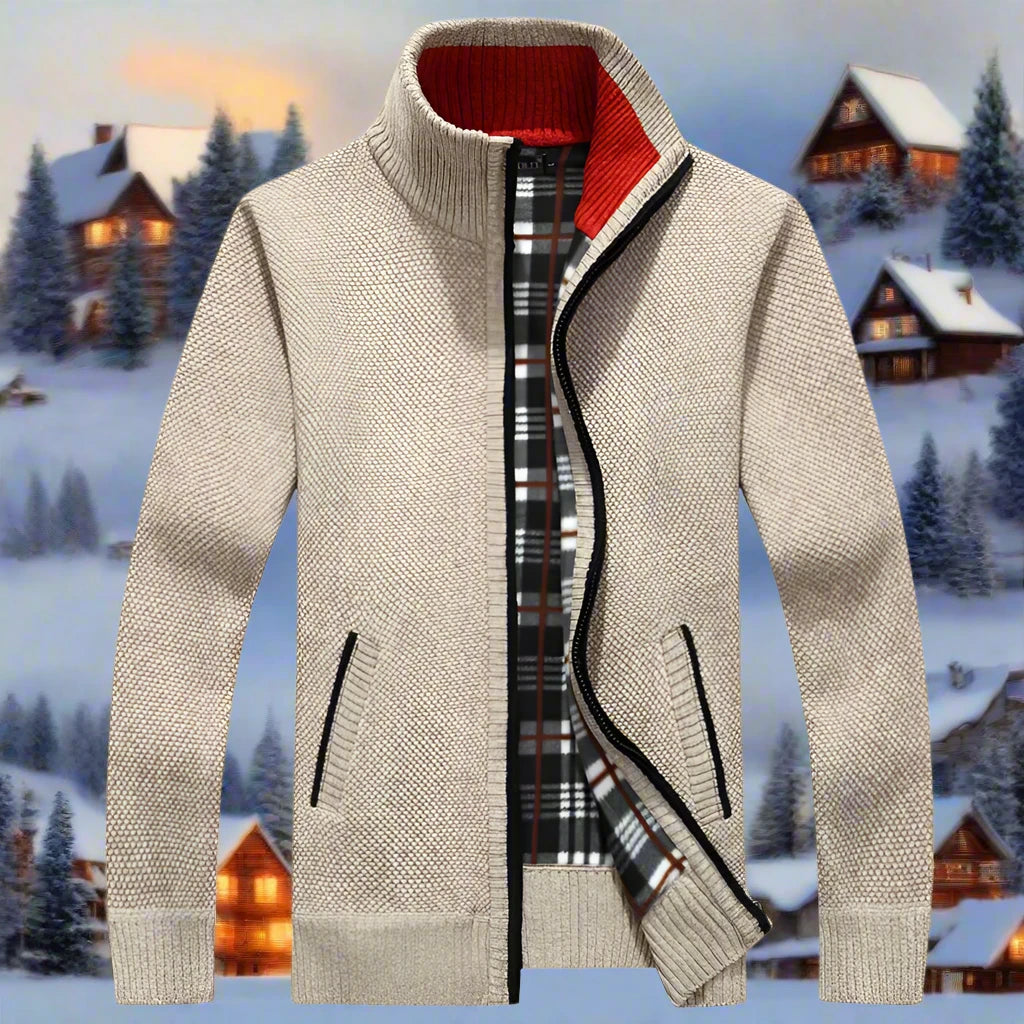 Ciepły Męski Sweter z Zamkiem i Podszewką w Kratę