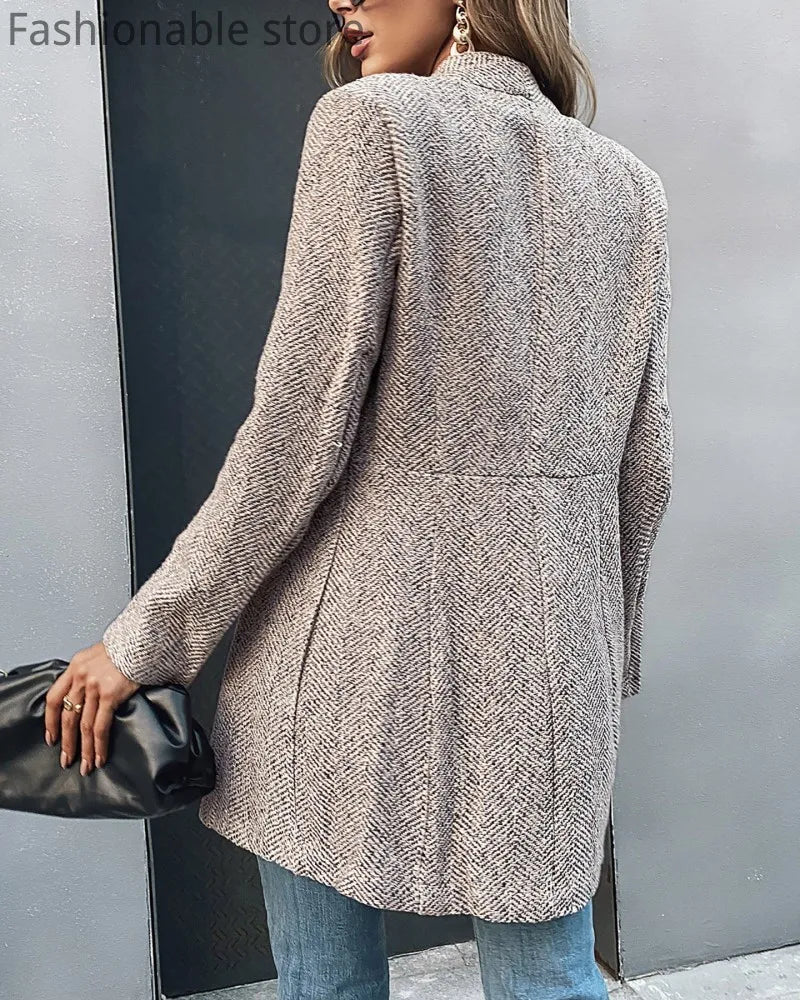 Damska Marynarka w Jodełkę – Elegancka Szara Kurtka w Stylu Casual