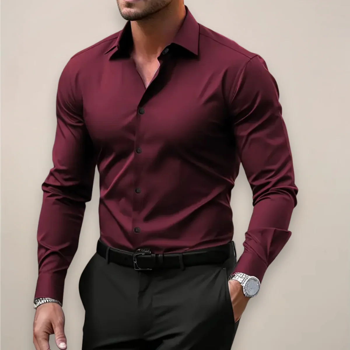 Męska Koszula z Długim Rękawem i Kołnierzykiem – Elegancka Slim Fit