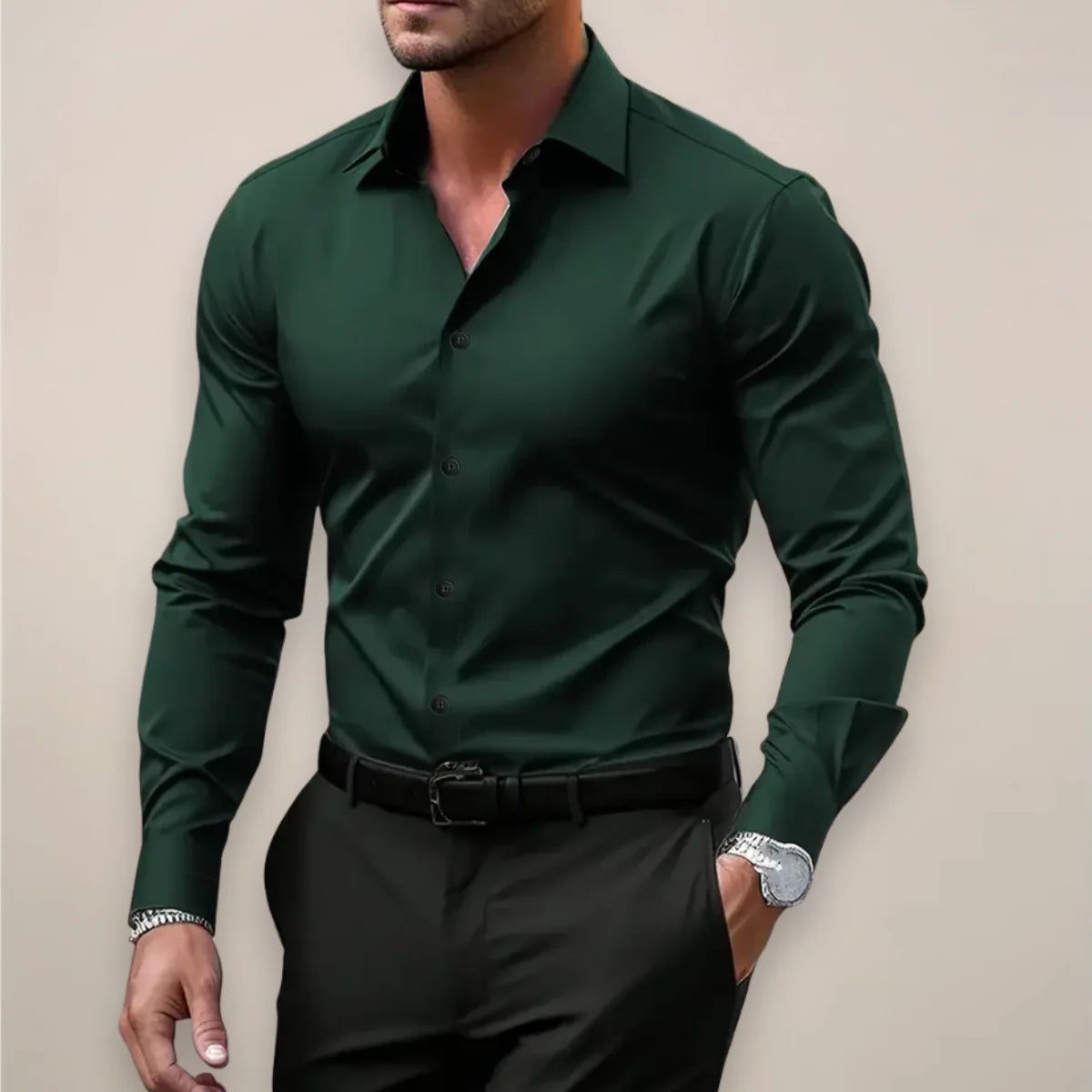Męska Koszula z Długim Rękawem i Kołnierzykiem – Elegancka Slim Fit