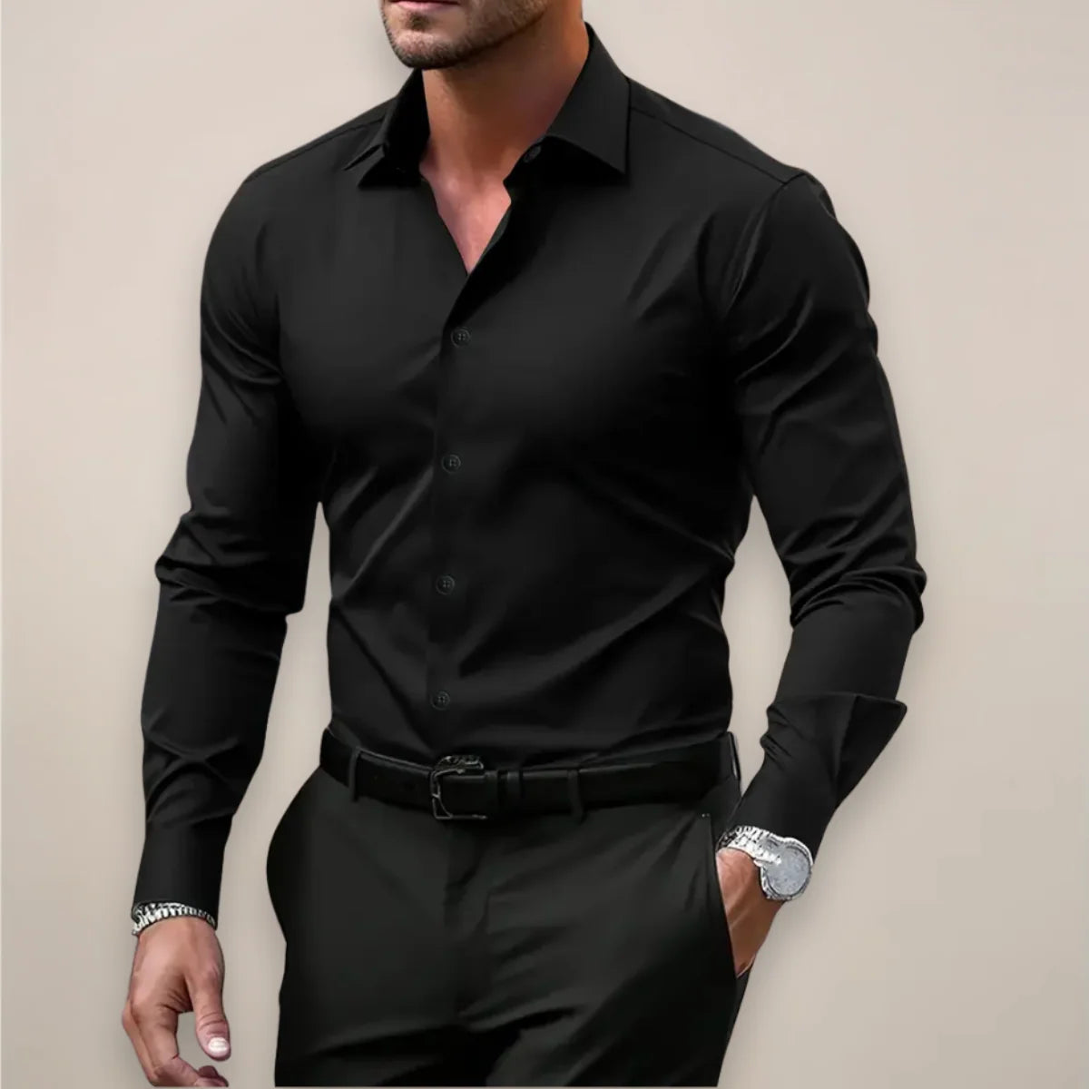 Męska Koszula z Długim Rękawem i Kołnierzykiem – Elegancka Slim Fit