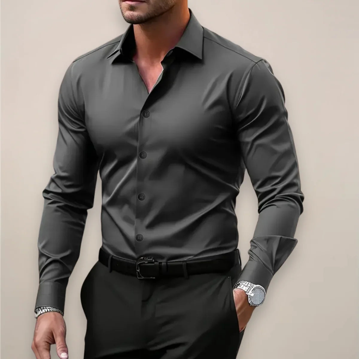 Męska Koszula z Długim Rękawem i Kołnierzykiem – Elegancka Slim Fit